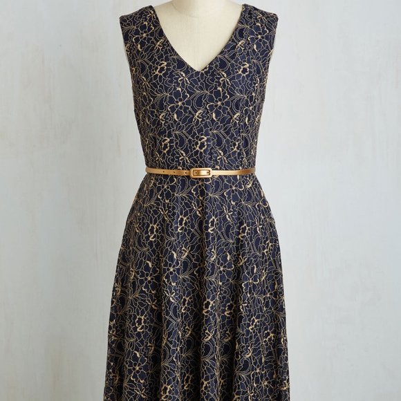 navy blue and gold cocktail dress